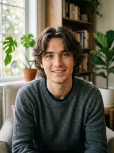 Man wearing a medium-length curtain fringe with natural face-framing movement