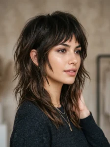 Asymmetrical medium wolf cut with uneven layers and edgy texture.