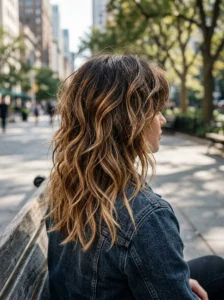 Colorist planning balayage placement for a layered wolf cut