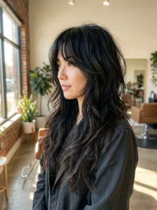 Black wolf cut with subtle brown undertones and long layers