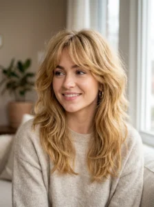 Fluffy wolf cut in a warm honey blonde shade with soft volume.