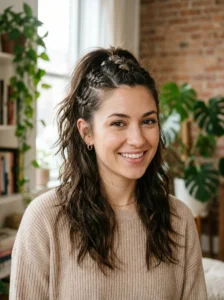 Casual braided half-up ponytail with a textured wolf cut.
