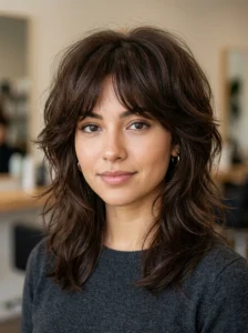 Fluffy wolf cut in a rich warm all-over brunette color.