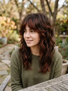 Brunette wolf cut with dimensional red highlights