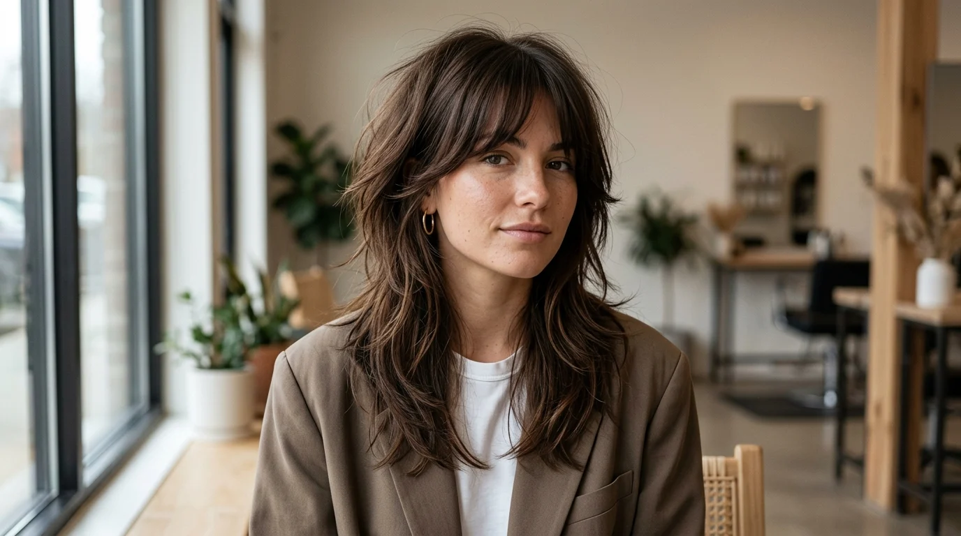 Wolf cut with soft curtain bangs and layered textured ends