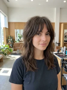 Classic soft curtain bangs with a layered wolf cut