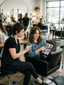 Client discussing medium wolf cut reference photos with a hairstylist.