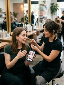 Client showing fluffy wolf cut reference photos to a hairstylist.