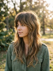 Woman maintaining highlighted wolf cut hair with a hair-care routine