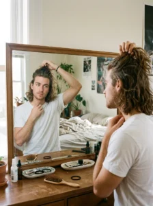 Man considering long hairstyle options and hair maintenance