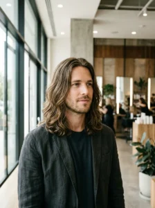 Confident man with a stylish long layered haircut