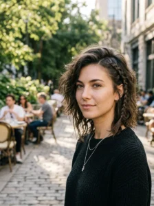 Wolf cut with one-sided face-framing braid and loose textured layers.