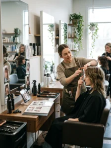 Stylist discussing bang options for a wolf cut during a salon consultation