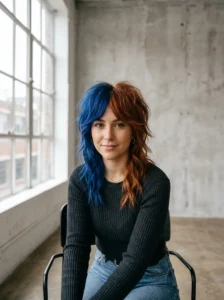 Medium wolf cut with bold two-tone color-blocked sections.