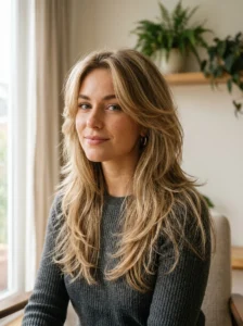 Long fluffy wolf cut with rounded layers and full voluminous lengths.