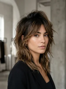 Dramatic medium wolf cut with heavy layers and maximum crown volume.