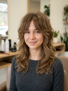 Medium fluffy wolf cut with rounded layers and natural volume.