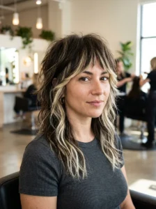 Medium wolf cut with high-contrast highlights over a darker base.