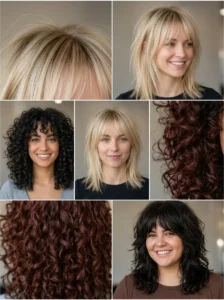 Medium wolf cut variations shown on straight, wavy, curly, fine, and thick hair.