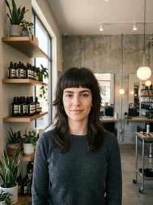 Medium wolf cut with bold blunt full bangs and textured layers.