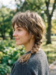 Simple three-strand nape braid with loose wolf cut layers.