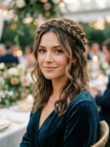 Braided crown with curled ends on a textured wolf cut.