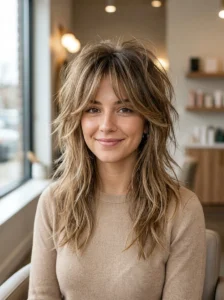 Fluffy wolf cut with soft dimensional balayage and blended layers.