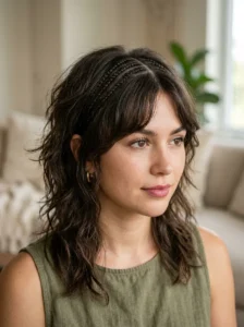 Wolf cut with delicate micro braids following the part line.
