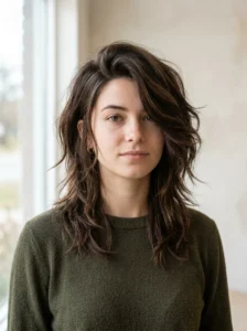 Medium wolf cut styled with a deep side part and textured layers.