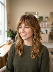 Medium wolf cut with dimensional warm balayage through the layers.
