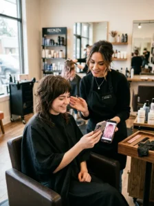 Color consultation for choosing the right pink shade and placement for a wolf cut
