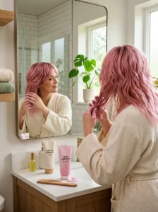 Woman maintaining pink color in her layered wolf cut with color-depositing hair products
