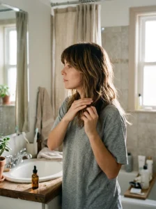Colorist applying highlights to a layered wolf cut in a salon