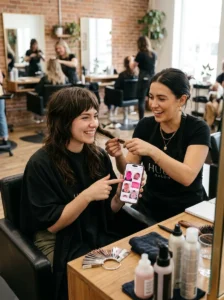 Woman consulting a colorist about adding pink to her wolf cut