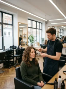 Stylist examining natural waves before creating a customized wolf cut