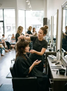 Colorist applying highlights to a layered wolf cut in a salon