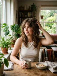 Fluffy wolf cut with soft overnight braid waves and natural volume.