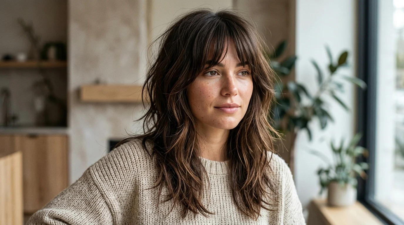 Brown wolf cut with rich dimensional layers and soft caramel tones