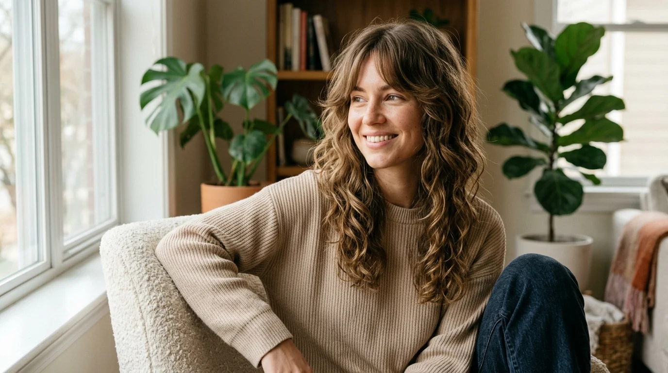 Wavy wolf cut with natural layers, volume, and soft curtain bangs