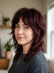 Deep burgundy wolf cut with dramatic layers and subtle red undertones