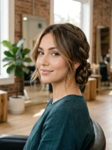 Braided low bun with loose face-framing wolf cut layers.