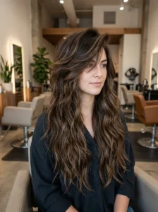 Butterfly wolf cut with a deep side part and dramatic layered volume