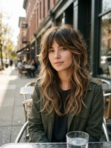 Bronde balayage wolf cut with blended brunette and blonde tones