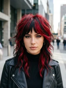 Two-tone red and black wolf cut with high-contrast layers