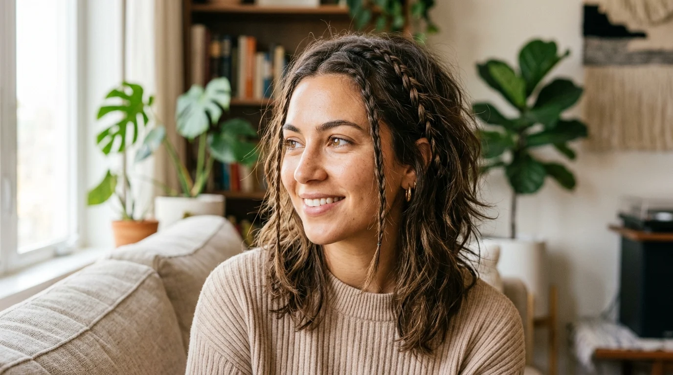 Wolf cut with small crown and face-framing braids through textured layers.