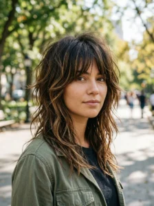 Brunette wolf cut with warm caramel highlights