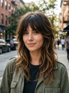 Brunette wolf cut with classic sun-kissed balayage