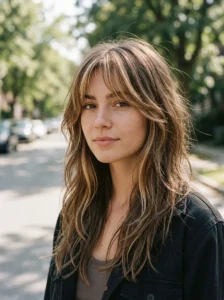 Wolf cut with bright balayage money pieces around the face