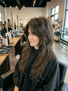 Voluminous butterfly wolf cut on thick long hair with dramatic crown layers