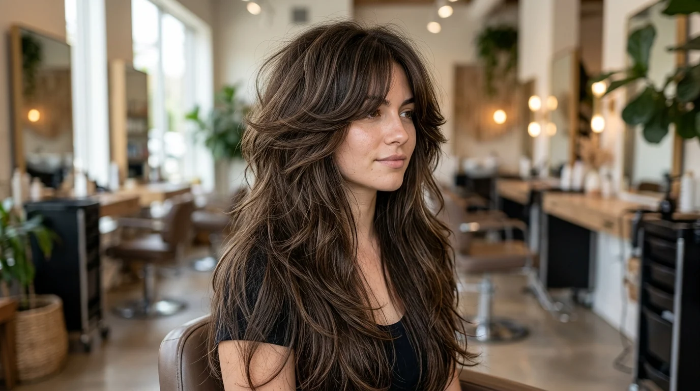 Woman with a long butterfly wolf cut featuring voluminous layers and curtain framing